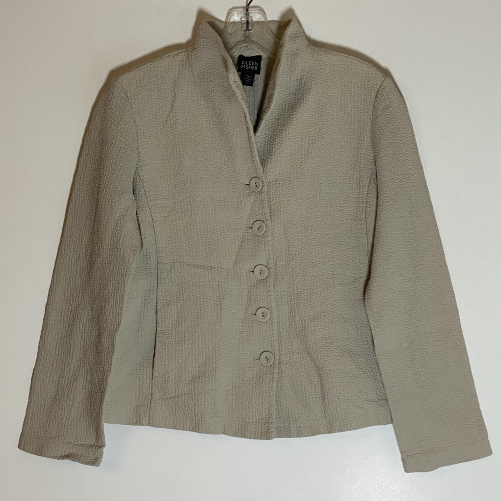 Eileen Fisher Jacket Womens Small Beige Organic‎ Cotton Textured Button Front